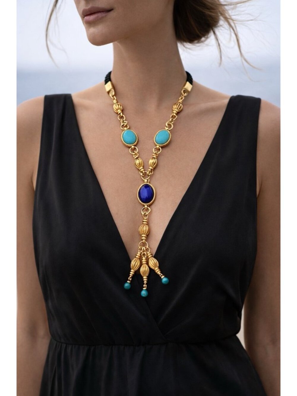 Holst + Lee Gold Tone Turquoise Blue Statement Necklace Tassel Drop Designer